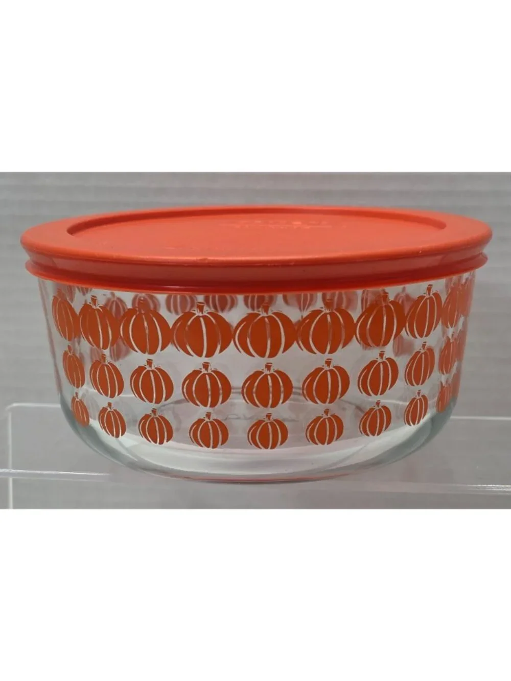 Pyrex 4 Cup Glass Storage Bowl Orange Pumpkin Print w/ Lid 950mL Fall Halloween